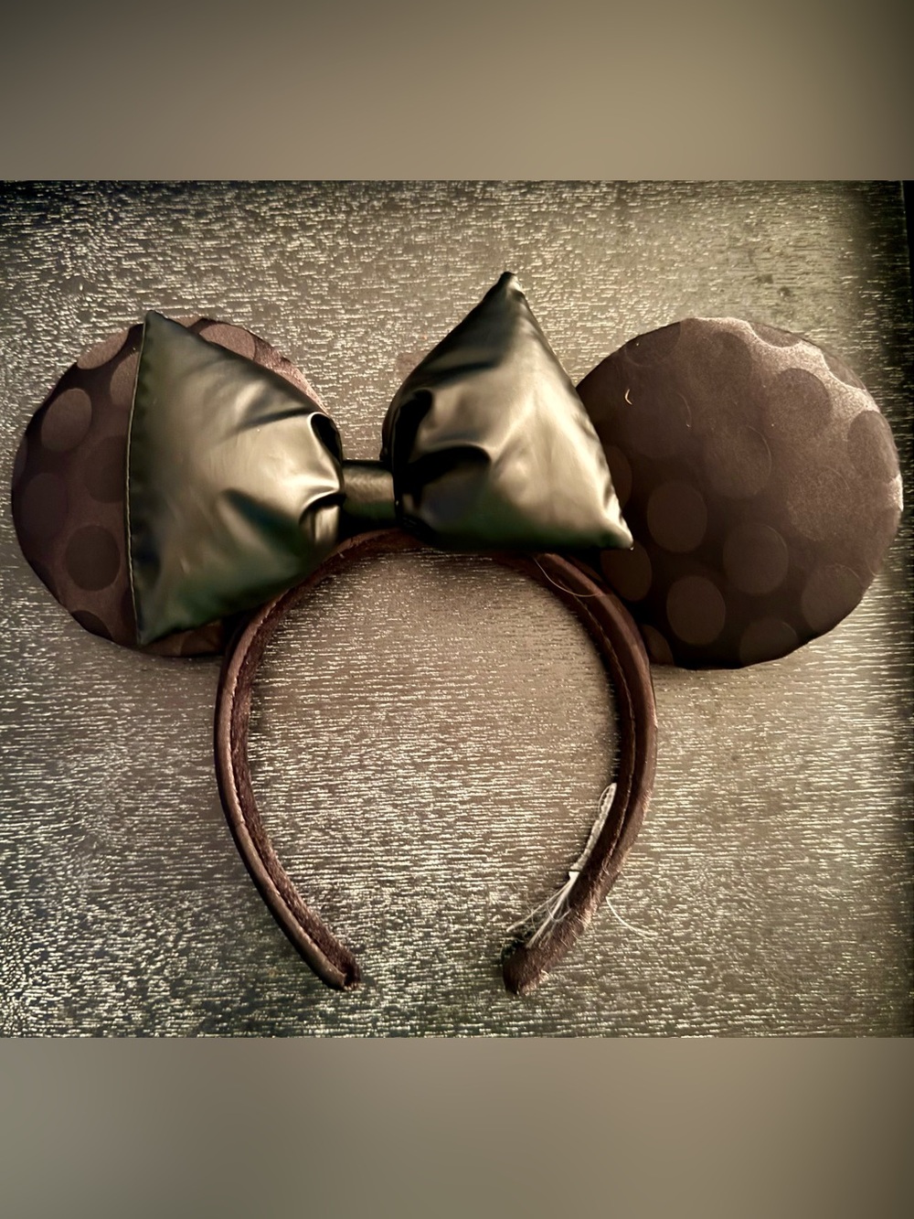 Disney Chic Black on Black Polka Dot Ears and Off-Center Glossy Puffy Bow